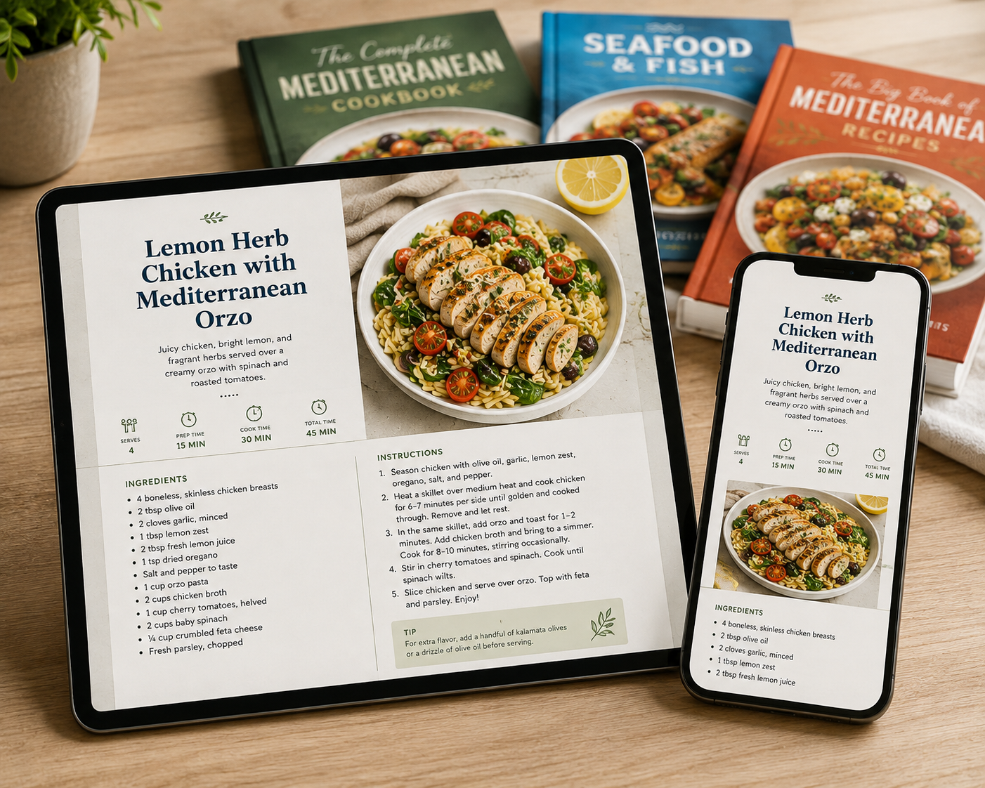 Sample recipe page from the bundle shown on a tablet and phone, demonstrating instant digital access on any device