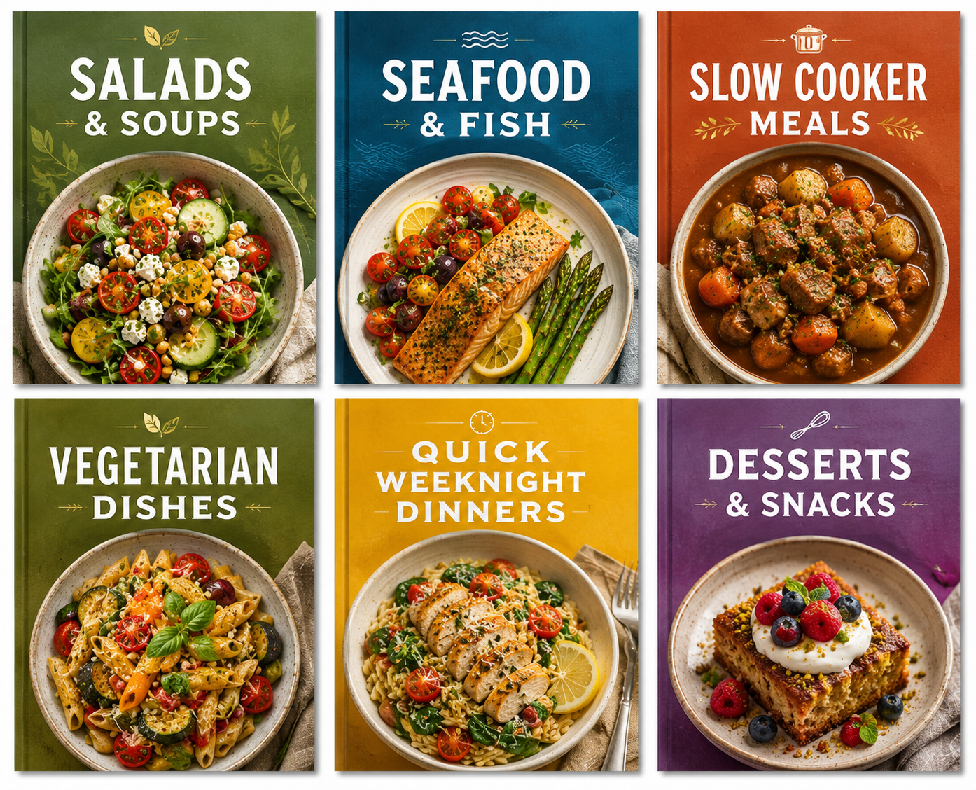 Six recipe categories covered in the bundle: salads and soups, seafood and fish, slow cooker meals, vegetarian dishes, quick weeknight dinners, and desserts and snacks