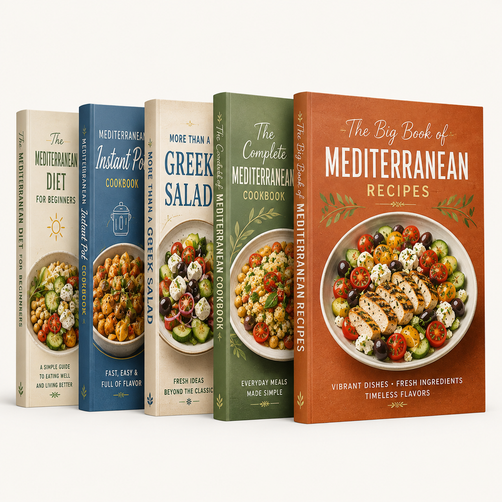 Clean spine-stack view of all 12 Mediterranean cookbook covers in the bundle