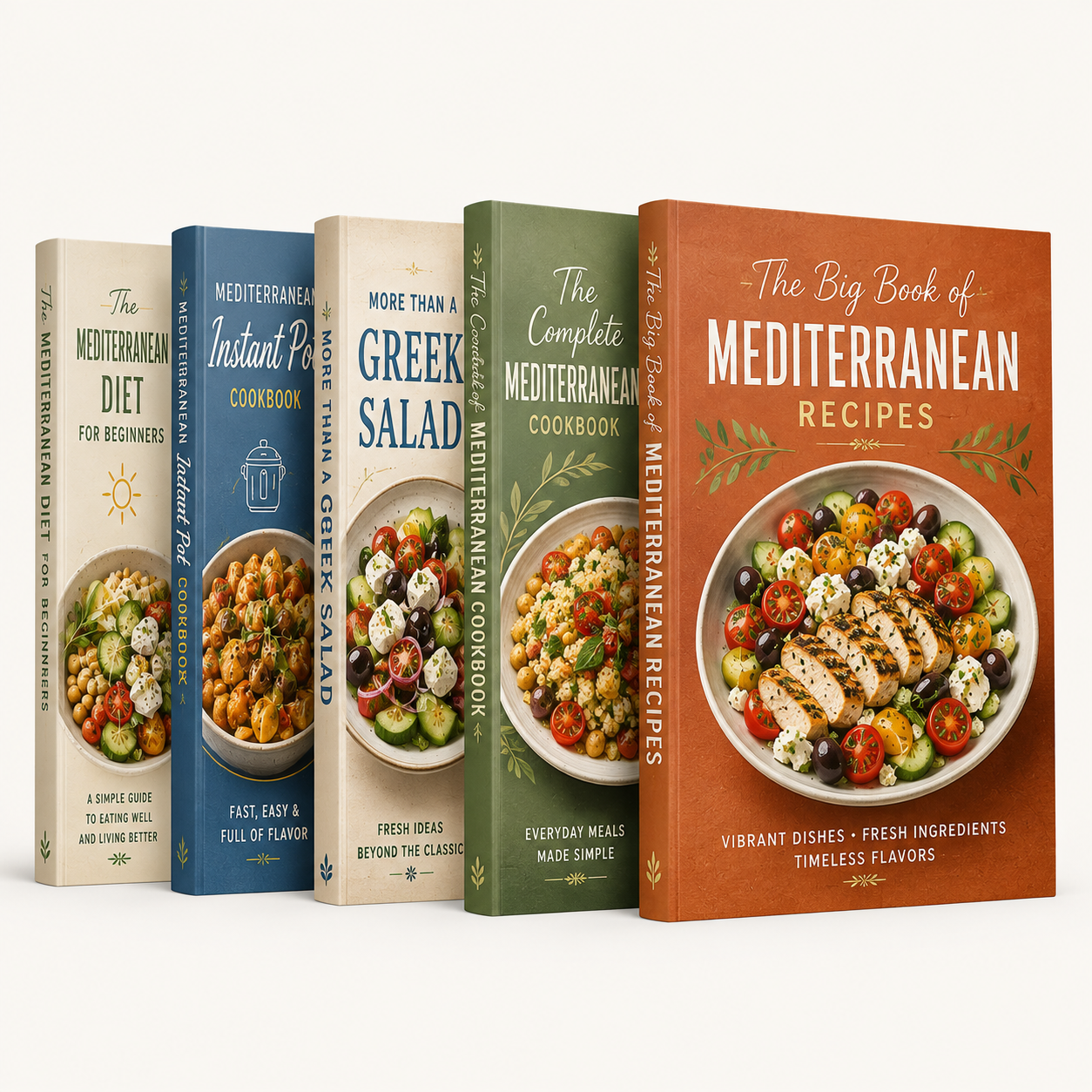 Clean spine-stack view of all 12 Mediterranean cookbook covers in the bundle
