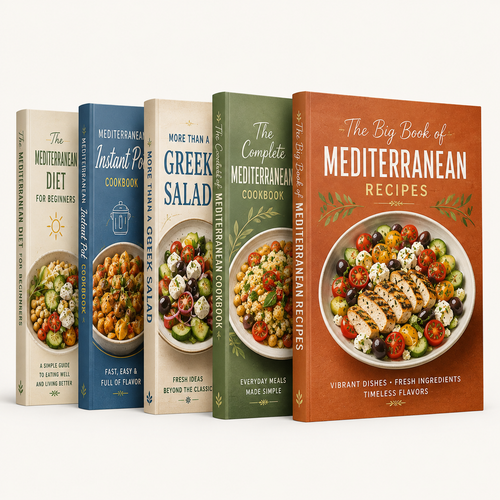 Clean spine-stack view of all 12 Mediterranean cookbook covers in the bundle