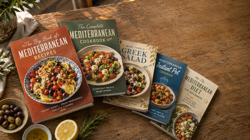 Fanned stack of the 12 Mediterranean diet cookbooks included in this bundle, displayed on a wooden table
